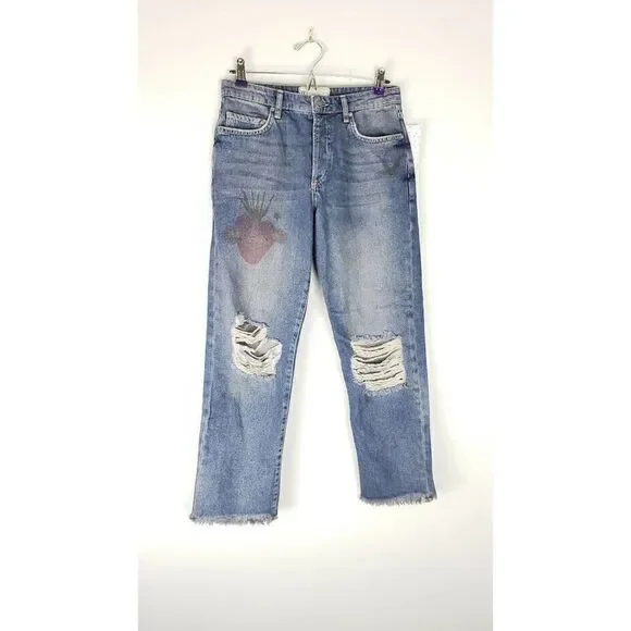 Free People Jeans Sz 26 Boyfriend Blue Tattooed Heart Distressed Crop Denim NWT - Picture 7 of 7